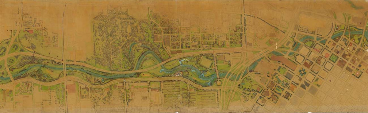 Buffalo Bayou master plan rendering by Charles Tapley, 1977