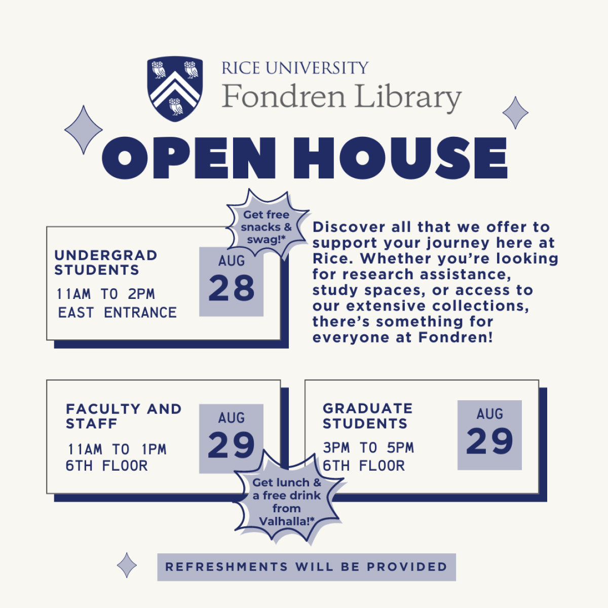 Join us for our open houses. Undergraduates: Wednesday, August 28. Faculty and Graduate Students: Thursday, August 29. 